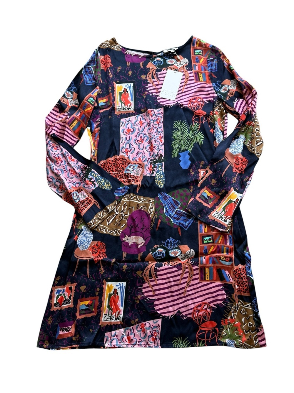 FRNCH Paris Ayurveda Printed Mini Dress Art Gallery Long Sleeve Shift NWT M Boho - Picture 5 of 16